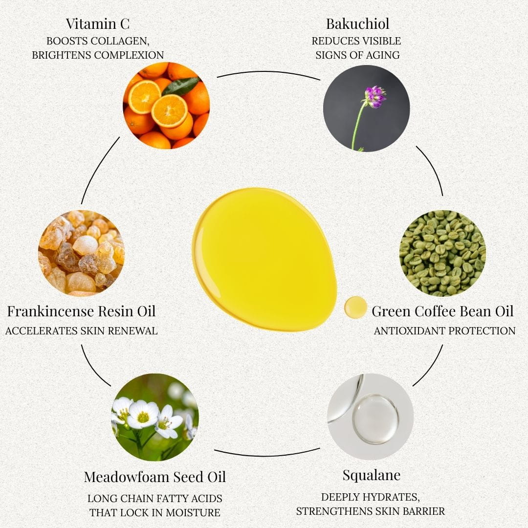 Edenwild facial serum key ingredients: Vitamin C for collagen and brightening, Bakuchiol to reduce signs of aging, Green Coffee Bean Oil for antioxidant protection, Squalane for deep hydration and skin barrier support, Meadowfoam to lock in moisture, and Frankincense Resin Oil for skin renewal
