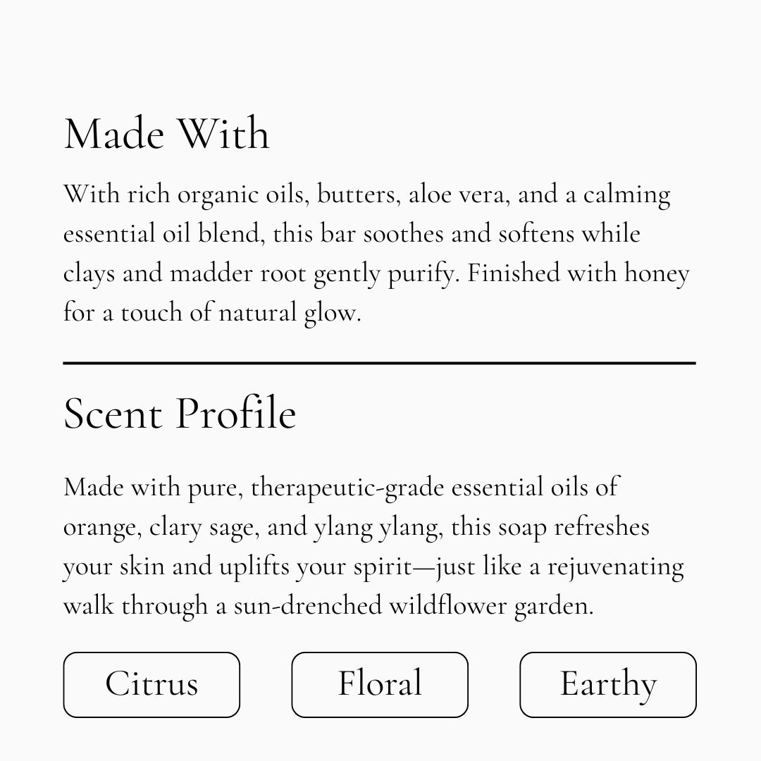 Text description of Wildflower Garden soap ingredients plus the scent profile.