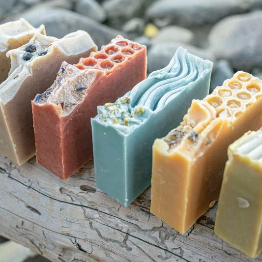 Edenwild natural soap bars lined up on driftwood with river rocks — botanical cold process soap in sage, rose, blue clay, and honey
