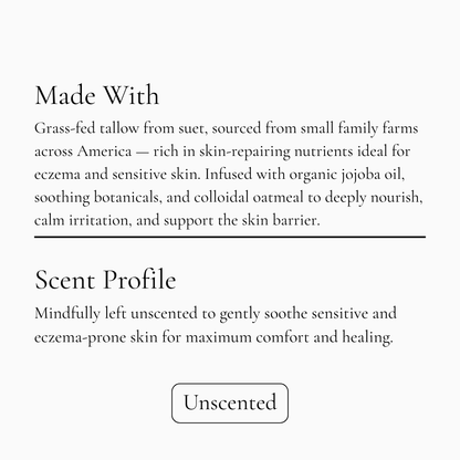 Edenwild Happy Baby Soap Bar ingredient and scent profile card showing organic ingredients and unscented formula for sensitive skin
