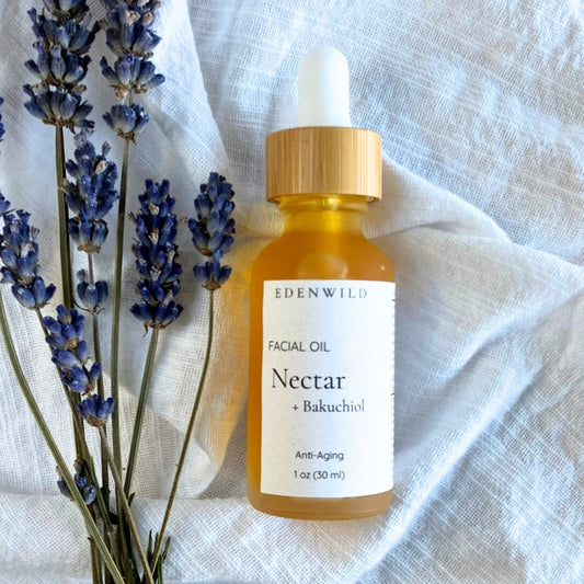 Nectar, an anti-aging facial oil with Bakuchiol, a natural retinol alternative plus rosehip seed oil, pomegranate seed oil, green coffee bean oil, and frankincense, helichrysum essential oils.