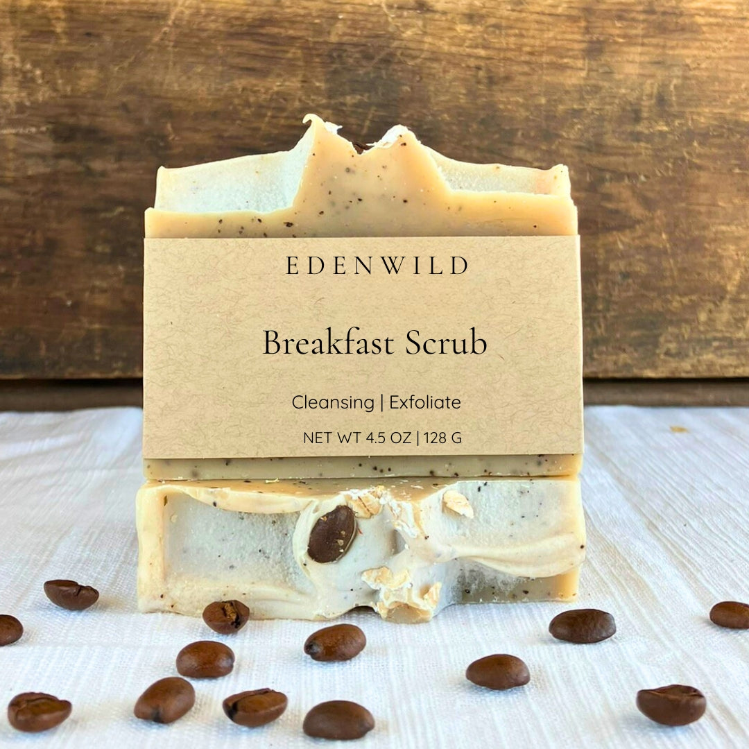 Natural exfoliating soap bar made with coffee and coconut milk. Scented with mint essential oil for a perfect morning cleanse by Edenwild Beauty.
