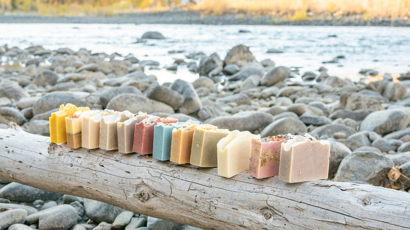 Row of Edenwild natural bar soaps on driftwood beside a Wyoming river — botanical skincare made with ancestral ingredients