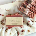 Edenwild Wildflower Garden soap bar label close-up with creamy natural lather — gentle cleansing bar for sensitive skin