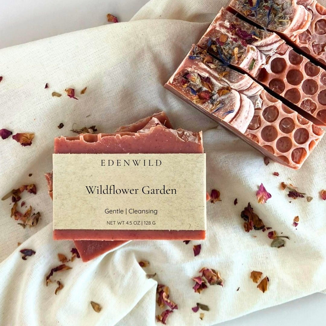 Edenwild Wildflower Garden soap bar label close-up with creamy natural lather — gentle cleansing bar for sensitive skin