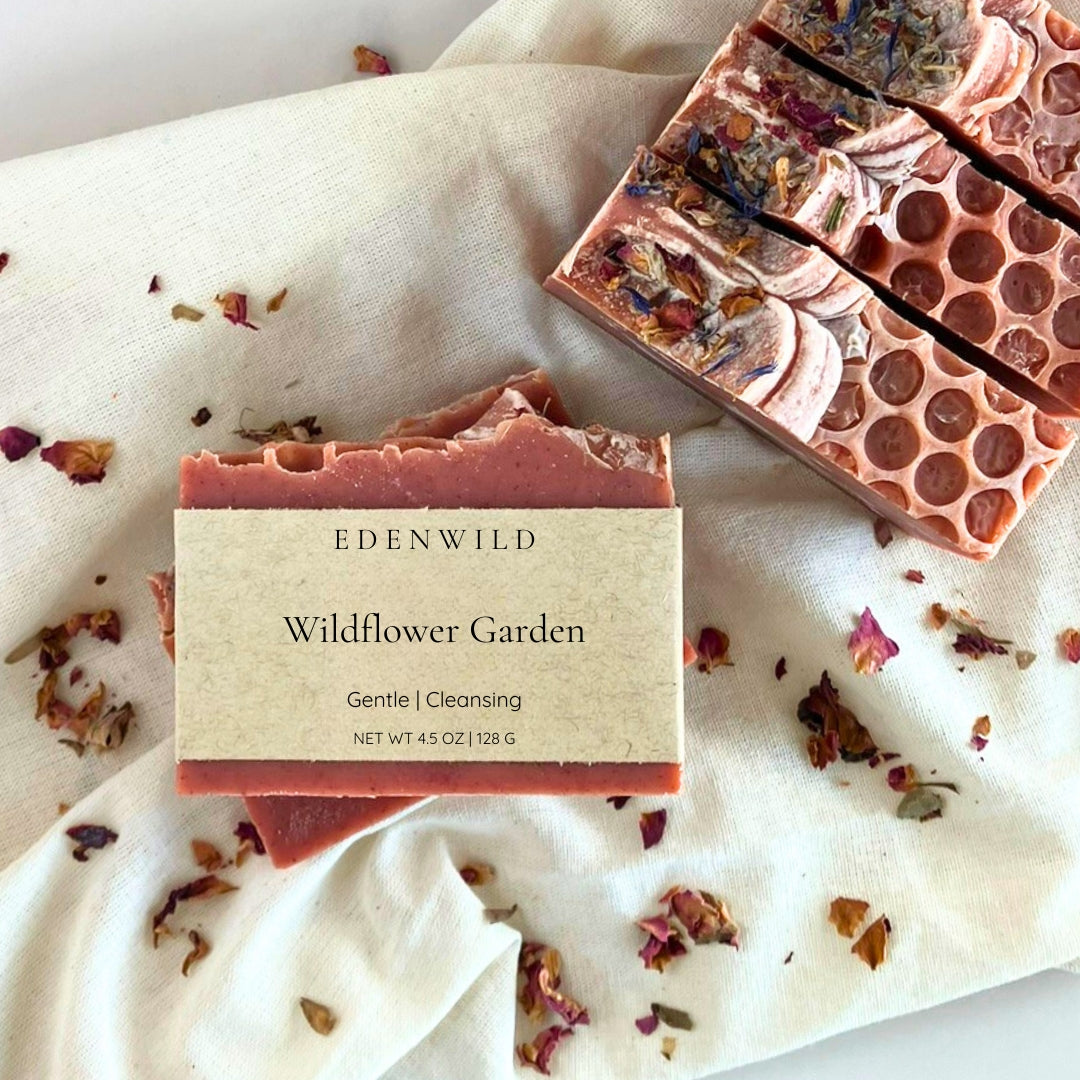 Bars of WiIdflower Garden soap displayed by Edenwild Beauty.