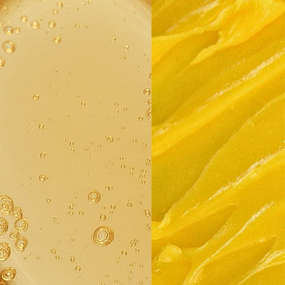 Split texture close-up of Edenwild Nectar face serum and Golden Root tallow balm — lightweight botanical serum paired with rich golden antioxidant balm for the Golden Hour duo