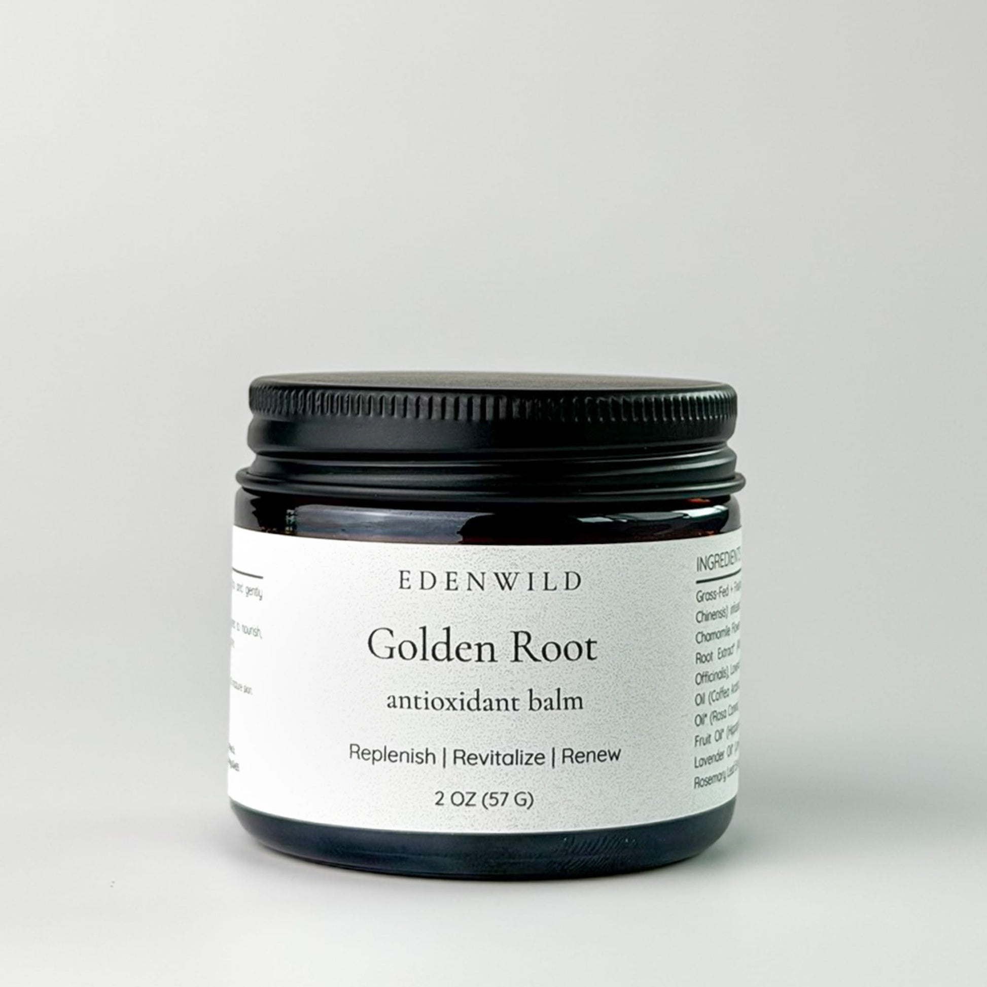 Edenwild Golden Root antioxidant tallow balm in amber glass jar — grass-fed tallow balm to replenish, revitalize, and restore aging and dry skin