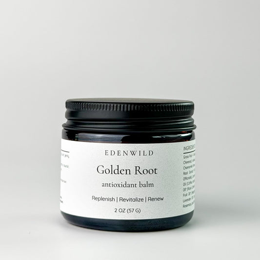 Edenwild Golden Root antioxidant tallow balm in amber glass jar — grass-fed tallow balm to replenish, revitalize, and restore aging and dry skin