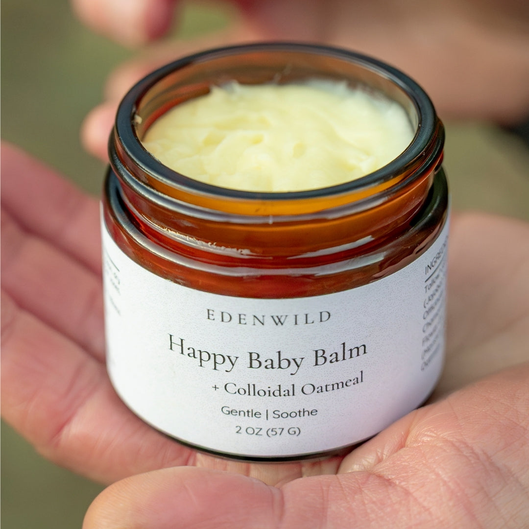 Happy Baby Balm for people and babies with sensitive skin, rosacea, eczema, and dryness. Provides extra nourishment and soothes itchiness.