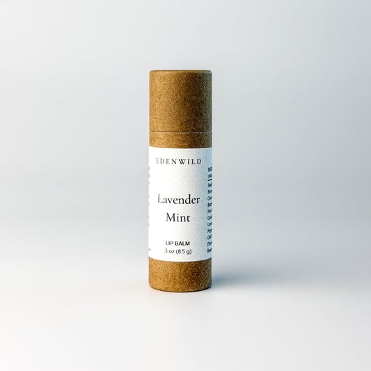 Edenwild Lavender Mint Lip Balm in a kraft paper tube, .3 oz natural lip balm to help moisturize and soothe dry lips