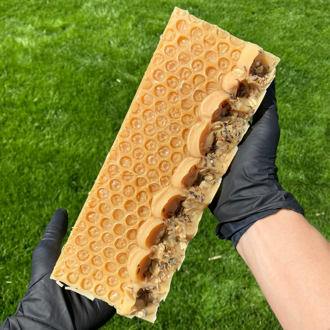 Loaf of Honey Lemon Soap before it's cut. Moisturizing, soothing, and made with organic ingredients and essential oils. Never anything artificial.