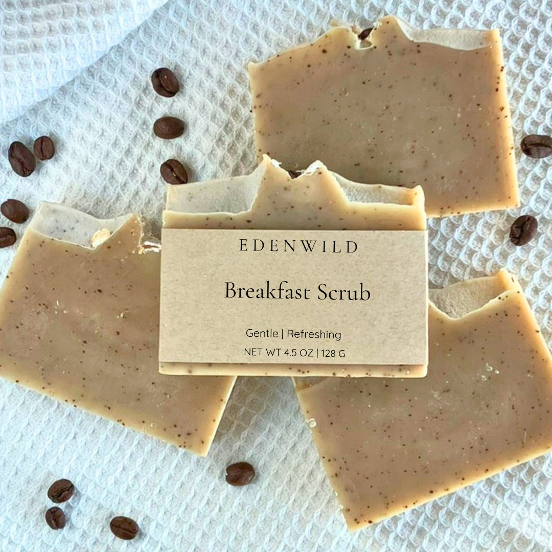 Coffee and coconut milk soap for gentle exfoliation. A refreshing scent of mint to awaken the senses by Edenwild Beauty.