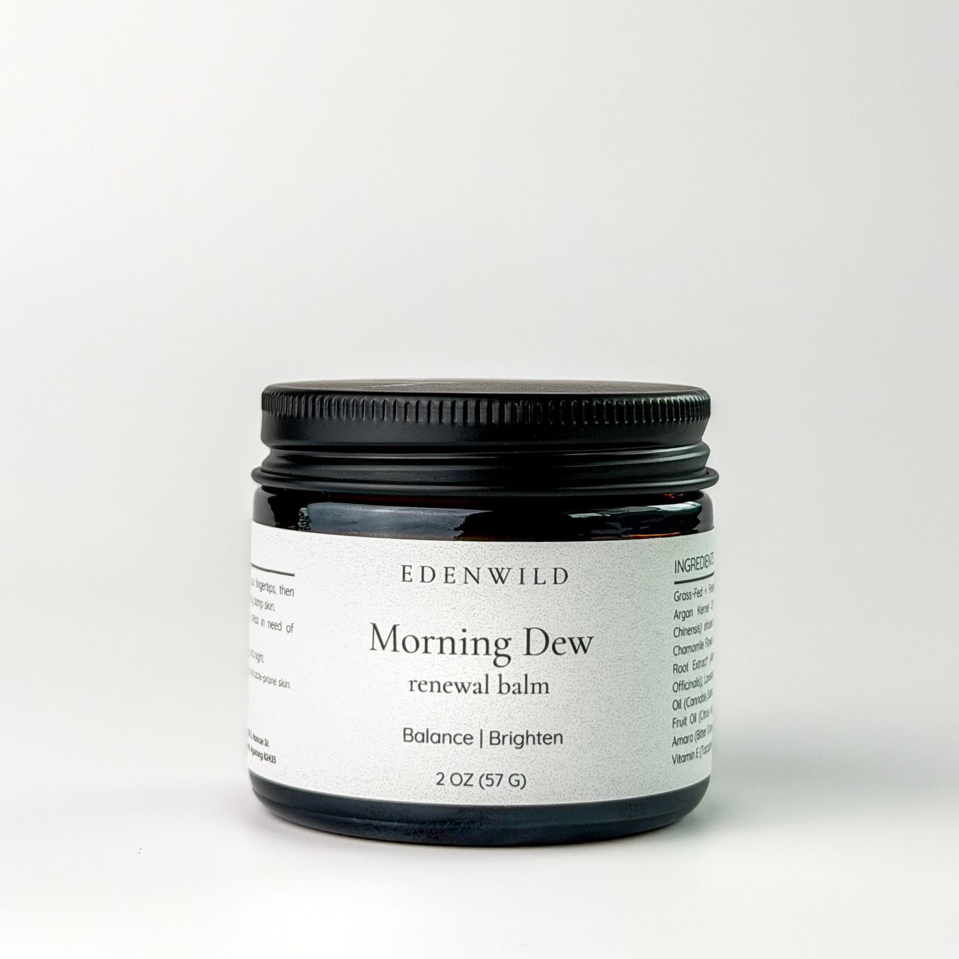 Edenwild Morning Dew renewal tallow balm in amber glass jar — grass-fed tallow balm to balance and brighten dull, uneven skin tone