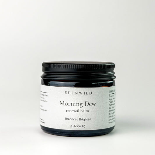 Edenwild Morning Dew renewal tallow balm in amber glass jar — grass-fed tallow balm to balance and brighten dull, uneven skin tone