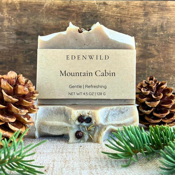 Edenwild Mountain Cabin Soap Bar displayed with pine cones and evergreen branches — gentle, refreshing natural soap bar 