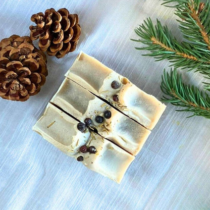 Edenwild Mountain Cabin natural soap bar with juniper berries and rosemary, topped with dried botanicals, surrounded by pine cones and fresh evergreen branches on linen background