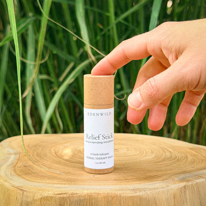 Edenwild Relief Stick herbal therapy balm — 9-herb infusion for cuts, scrapes, bug bites, and burns, in eco-friendly kraft paper tube on wood stump with wild grass background