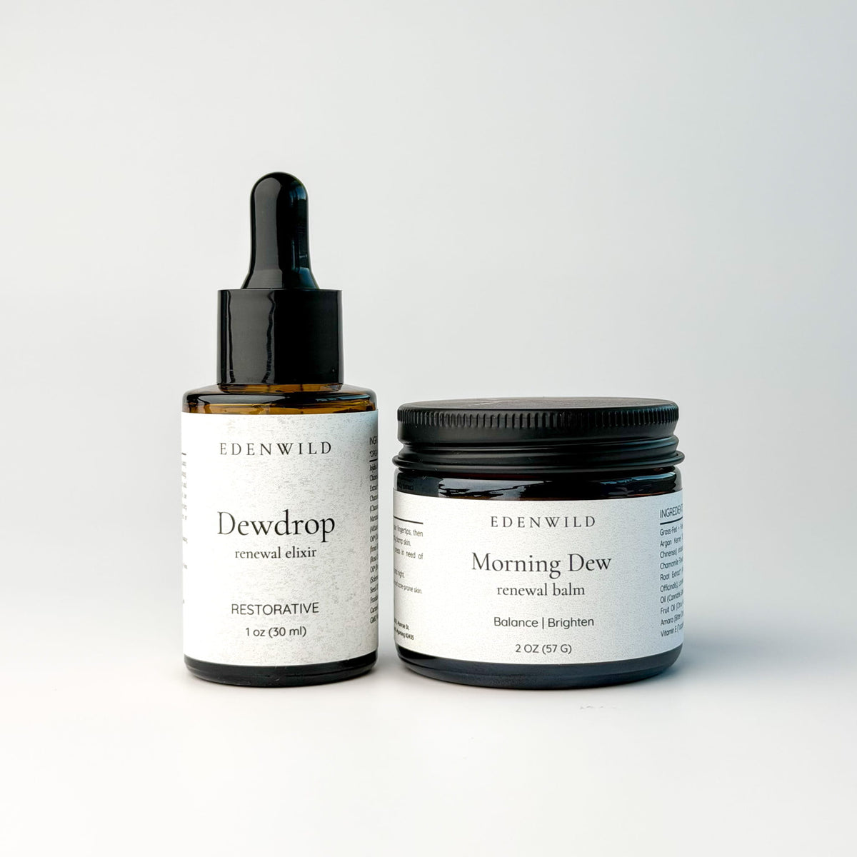 Edenwild Renewal Ritual set — Dewdrop Restorative Face Serum 1 oz and Morning Dew Tallow Balm 2 oz on white background