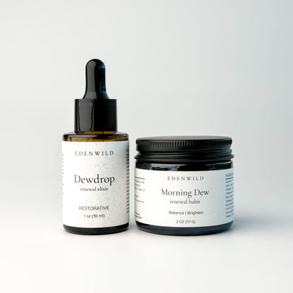 Edenwild Renewal Ritual set — Dewdrop Restorative Face Serum 1 oz and Morning Dew Tallow Balm 2 oz on white background