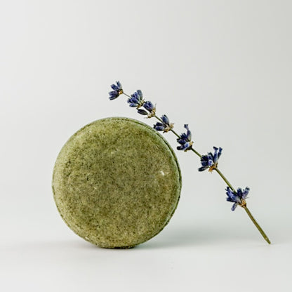 Edenwild Restore shampoo bar with dried lavender sprig on white surface — sulfate-free solid shampoo bar for scalp restoration and healthy hair growth
