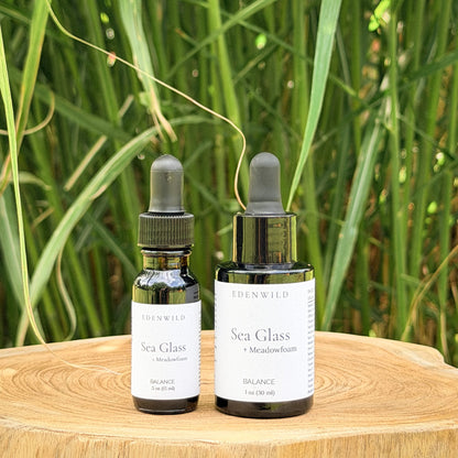 Edenwild Sea Glass Meadowfoam face serum — balancing botanical facial oil in amber dropper bottles, natural skincare for oily and combination skin