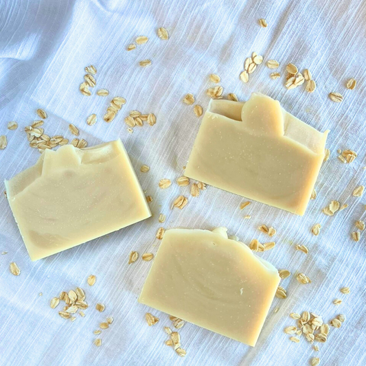 Flat lay of three natural soap bars for sensitive skin from Edenwild Beauty.